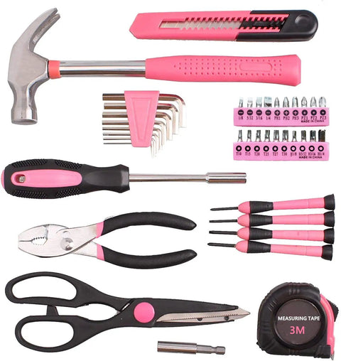 39 Piece General Tool Set With Pink Portable Toolbox Storage Case, Durable Chrome Finished Steel Tools With TPR Grips, ANSI Standard, Ideal For Home Repairs, DIY Projects, And Everyday Fixes