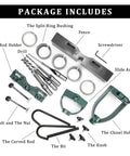 Components of Mortising Attachment For Drill Press With Square Hole Hollow Chisel Set And Bench Locator shown in labeled layout.