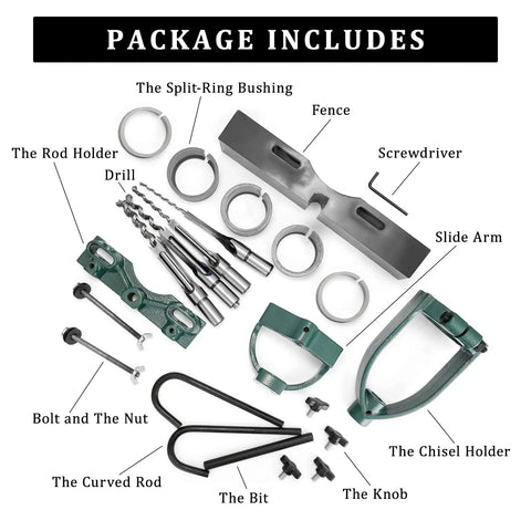 Components of Mortising Attachment For Drill Press With Square Hole Hollow Chisel Set And Bench Locator shown in labeled layout.