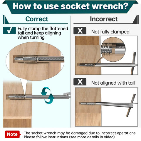 How to use Upgraded Custom Socket Wrench For One Eighth Inch Invisible Cable Railing Kit Hardware Hidden Tensioner On Wood And Metal Posts For Cable Railing System CT16 with correct and incorrect methods displayed for clamping.