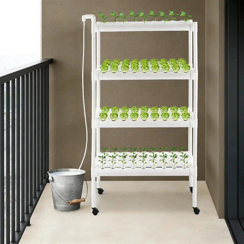 4 Tier Indoor And Outdoor Hydroponic Grow Rack With 12 Pipes And 108 Plant Sites on balcony, featuring foot pads and casters
