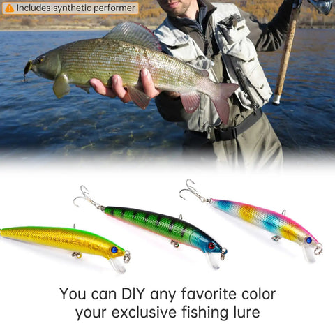Unpainted Blank Minnow Crankbait Lures Kit 20 Pcs ABS Topwater Fishing Lures With Steel Rattle displayed below an angler with a fish