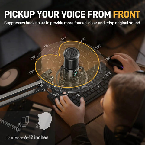 A USB Condenser Microphone Kit for PC with One Touch Mute and Mic Gain Knob for Singing Podcast Streaming and Studio Sessions.