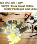 24 brass sheet shims displayed on a wooden surface with tools, highlighting the labeled and packaged 12 Piece Brass Shim Stock Assortment 6 By 1 Inch For Leveling, Gap Filler, And Trim Fitment, Includes Six Thicknesses From 0.002 To 0.016 In For Diy Projects And Industrial Use.