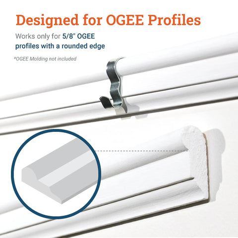 Picture Rail Hooks And Wire Set 5 Pack For Traditional Picture Rail Molding, Steel Wire Cables, Heavy Duty Hangers, OGEE profile clip
