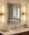 Pretty Darn Sleek Hardwired Wall Sconces Set Of Two With Thick Milky White Glass And Brushed Gold Finish for modern bathroom setup.