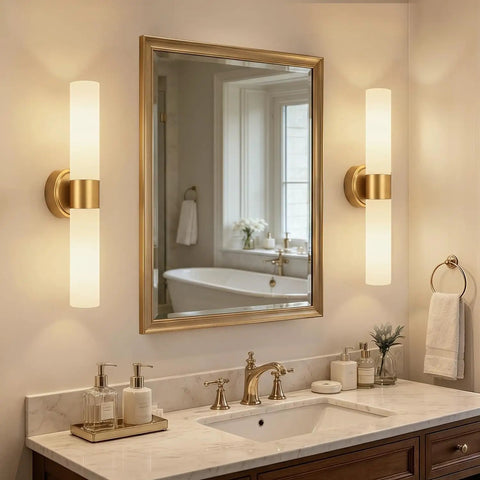 Pretty Darn Sleek Hardwired Wall Sconces Set Of Two With Thick Milky White Glass And Brushed Gold Finish for modern bathroom setup.
