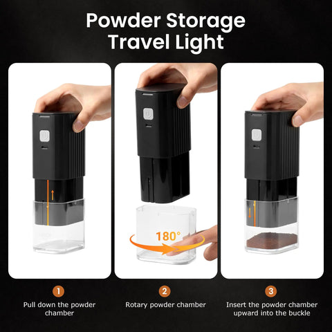 Road Trip Ready Portable Electric Coffee Grinder With Adjustable Stainless Steel Burrs, USB Rechargeable One Touch Auto Stop, No Sweat Brewing For Espresso To French Press, Collapsible Hopper In Black. Step-by-step usage guide.