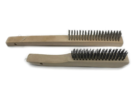 Tough As Nails Welding Chipping Hammer With Comfort Grip Spiral Handle And Anti Rust Tempered Steel Head Plus Stainless Steel Wire Scrubbing Brushes for Mig TIG Cleanup Kit, two wire brushes on a white background.