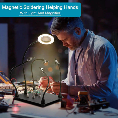 Person using Soldering Helper With Four Magnetic Arms, 3X Magnifier Lamp And LED Light for PCB repair at a workbench.