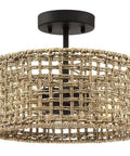 Boho Rattan Drum Ceiling Light With Black Canopy, Two-Light 12 Inch Semi Flush Mount Fixture For Hallway Bedroom Kitchen Entryway, Handwoven Seagrass And Rattan Shade, UL Listed For Indoor Dry Locations