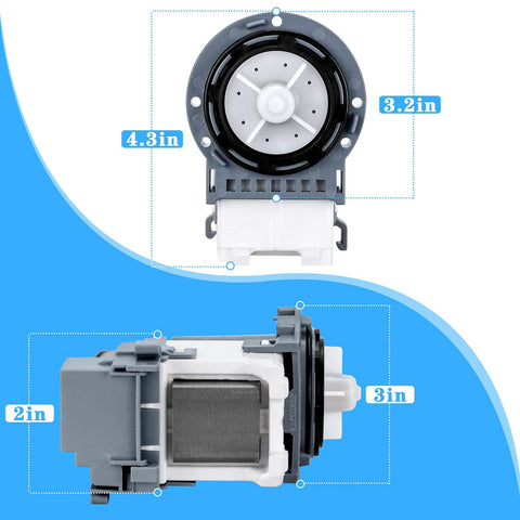 Front and side views of washer drain pump assembly for Samsung WA4/WA5/WF2/WF3/WF4/WF5 series, gray housing with white connector.