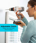 Woman uses Matrix 20V Max Drill Kit With Adjustable Clutch And Variable Speed Trigger for home DIY project