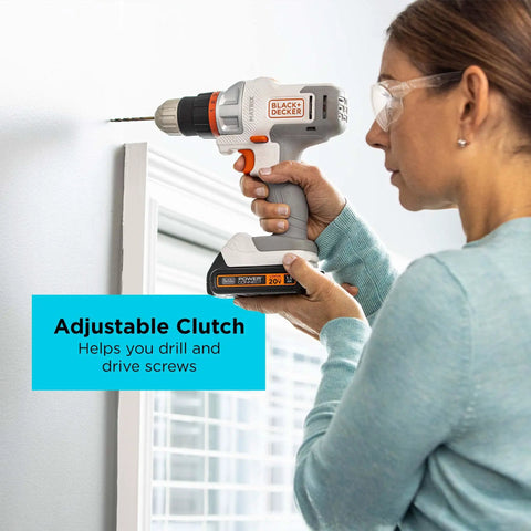 Woman uses Matrix 20V Max Drill Kit With Adjustable Clutch And Variable Speed Trigger for home DIY project
