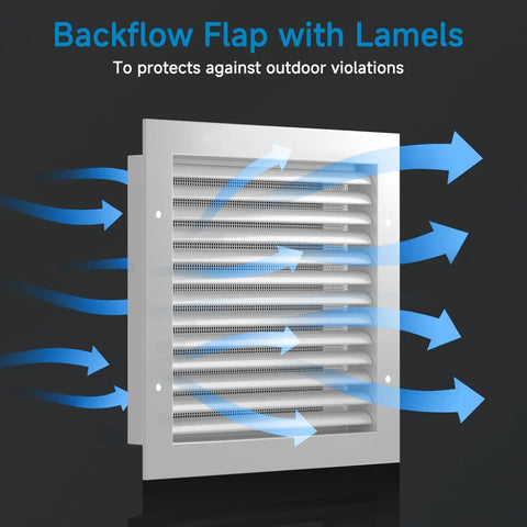 Aluminum Gable Return Air Vent Cover With White Mesh, 16x16, with backflow flap and lamels for interior door or dryer wall mount.