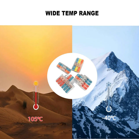 Lever Wire Connectors Kit, Tool-Free Quick Push-In Splice Connectors For Lighting Fixtures, shown with temperature range from -40°C to 105°C