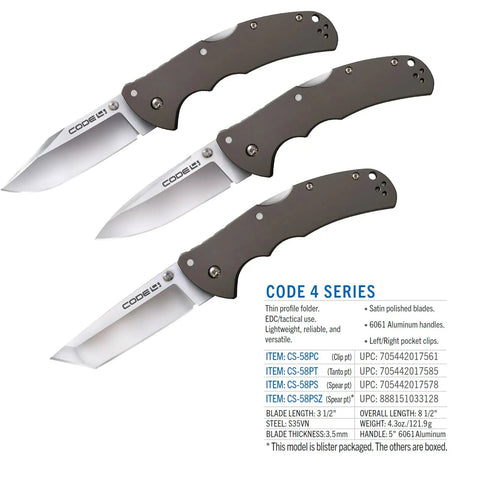 Code 4 Folding Knife With S35VN Blade, 3.5 Inch Razor Sharp Spear Point, 5 Inch 6061 Aluminum Handle, Tri Ad Lock, Ultra Lightweight EDC Everyday Carry, Boxed