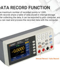 Digital Multimeter With USB And RS232, 55000 Counts High Accuracy, showing data record functions on 3.5 inch TFT LCD screen