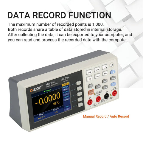 Digital Multimeter With USB And RS232, 55000 Counts High Accuracy, showing data record functions on 3.5 inch TFT LCD screen