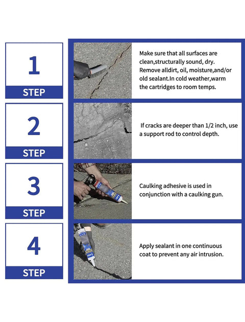 Outdoor Concrete Crack Filler and Waterproof Sealant application steps; cleaning, depth control, caulking gun usage, and sealing.