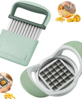 Green handheld kitchen crinkle cutter and round potato cutter with stainless steel blades; two-piece wave slicer set.