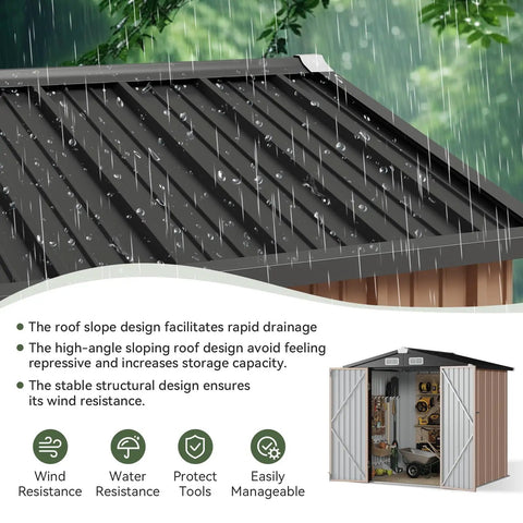Heavy Duty Outdoor Tool Shed With Lockable Doors, 6.2x4 Ft Galvanized Steel Storage for Backyard showing sloped roof in rain