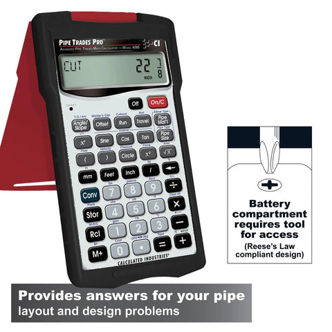 Pipe Trades Pro Advanced Layout And Design Calculator For Pipefitters Steamfitters Sprinklerfitters And Welders With Built In Data For Seven Materials Plus shown with buttons and screen display.
