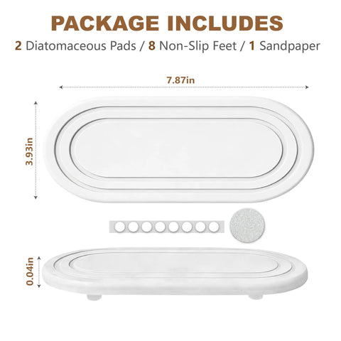 Natural Diatomite Water Absorbing Stone Tray Set Of Two Quick Drying Countertop Catcher components with sizes. Includes mats and accessories.