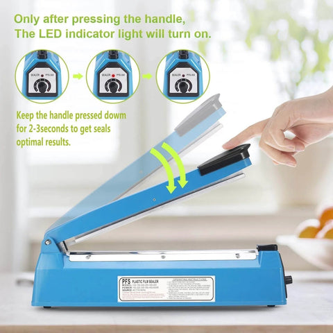 16 Inch Impulse Heat Sealer for Plastic Bags in use, showing manual operation with handle and LED indicator for PE PP bags.