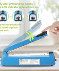 Hand pressing the handle of 8 Inch Manual Heat Sealer For Plastic Bags, Fast, No Warmup Handheld Sealing Machine For PP And PE Bags, Adjustable Temperature