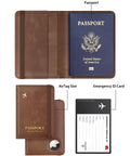 AirTag Enabled Passport Holder With RFID Protection, Leather Passport Wallet For Men open to show AirTag slot and emergency ID card.