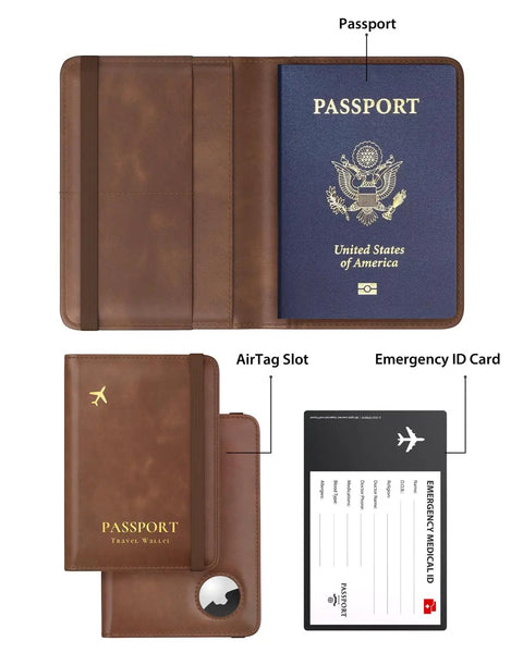 AirTag Enabled Passport Holder With RFID Protection, Leather Passport Wallet For Men open to show AirTag slot and emergency ID card.