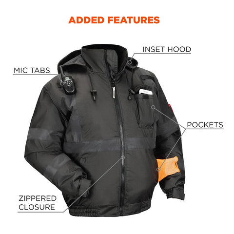Enhanced Visibility Winter Jacket For Night And Low Light Conditions, Black, X Large, front view with pockets and mic tabs