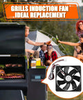 Pellet Grill Induction Fan Motor Replacement For D2 Pro 780 575 Ironwood 650 885 Silverton shown next to grill and people outdoors