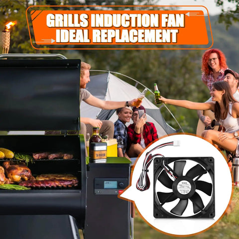 Pellet Grill Induction Fan Motor Replacement For D2 Pro 780 575 Ironwood 650 885 Silverton shown next to grill and people outdoors