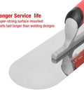 Close-up of Pro Grade Stainless Steel Pool Trowel Set With Soft Grip Handles, showing round end and surface-mounted rivets.