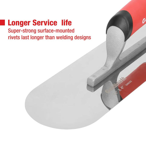 Close-up of Pro Grade Stainless Steel Pool Trowel Set With Soft Grip Handles, showing round end and surface-mounted rivets.