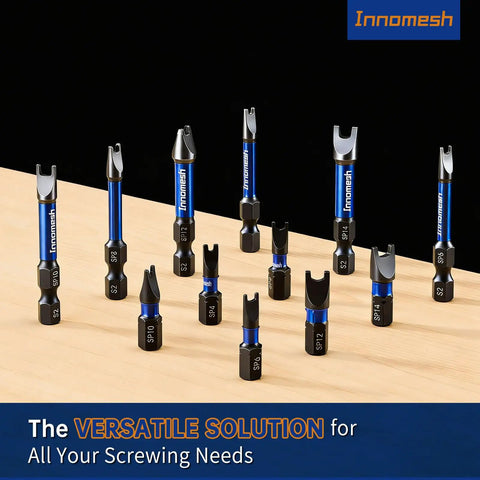Solid As A Rock Six Piece Magnetic Spanner Bit Set In S2 Steel With Sp4 Sp6 Sp8 Sp10 Sp12 And Sp14 Sizes displayed on a wooden surface.
