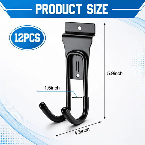 Bulk 12 Pack Heavy Duty Slat Wall Hooks Black J Shape Hangers For Slatwall Display And Storage, size dimensions shown
