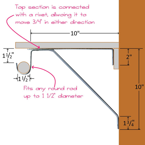 Heavy Duty Adjustable Closet Rod And Shelf Support Brackets, Chrome Plated Steel, diagram showing dimensions and features.