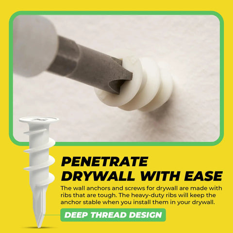 Heavy Duty Self Drilling Drywall Anchors And Screws Kit With Reusable Storage Case Includes 50 Drywall Anchors And 50 Number 8 One And One Quarter Inch Screws For Quick No Pre Drill Install In Drywall Perfect For DIY Projects By Qualihome close-up of insert process
