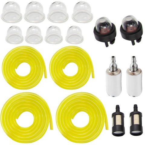 AC04122 Fuel Line Kit With Filter And Primer Bulb Replacement for small engines showing yellow lines, bulbs, filters.