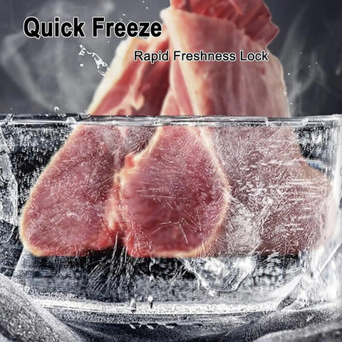 Heavy Duty Stainless Steel Upright Freezer Frost Free With LED Display And Rapid Cool For Garages Or Kitchens 21 Cu Ft showing quick freeze meat storage.