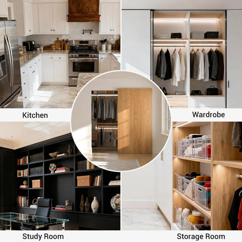 32 Inch Concealed Sliding Barn Door Hardware Kit with Two Soft Close Mechanisms Aluminum Hidden Barn Door System for wall mount shown in kitchen, wardrobe, study room, storage room settings