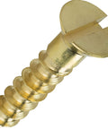 Close-up of a flat head brass wood screw, slotted drive, No. 4 by 3/8 inch, solid brass, partial thread, durable and rust resistant.