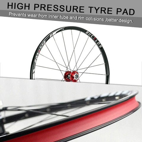 All Terrain Mountain Bike Wheelset With Carbon Hub For 26 27.5 And 29 Inches, showing high pressure tyre pad and red rim detail