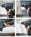 No Sweat Cordless Drill And Screwdriver Power Tool Kit With Heavy Duty Wood Metal Masonry Bits For Quick Fix Home Improvement And Diy Projects Compact Handheld Set in use for unscrewing, wood drilling, and metal drilling.