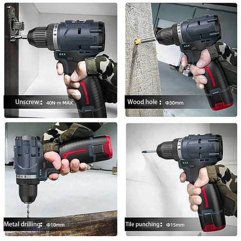 No Sweat Cordless Drill And Screwdriver Power Tool Kit With Heavy Duty Wood Metal Masonry Bits For Quick Fix Home Improvement And Diy Projects Compact Handheld Set in use for unscrewing, wood drilling, and metal drilling.