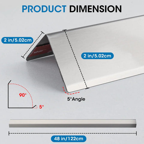 Slick And Tough As Nails 304 Stainless Steel Wall Corner Guards 2X2X48 Inch with angle measurements displayed.