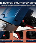 Close-up of 1500W Electric Grain Suction Pump control panel with start-stop switch and lock button for safety features.